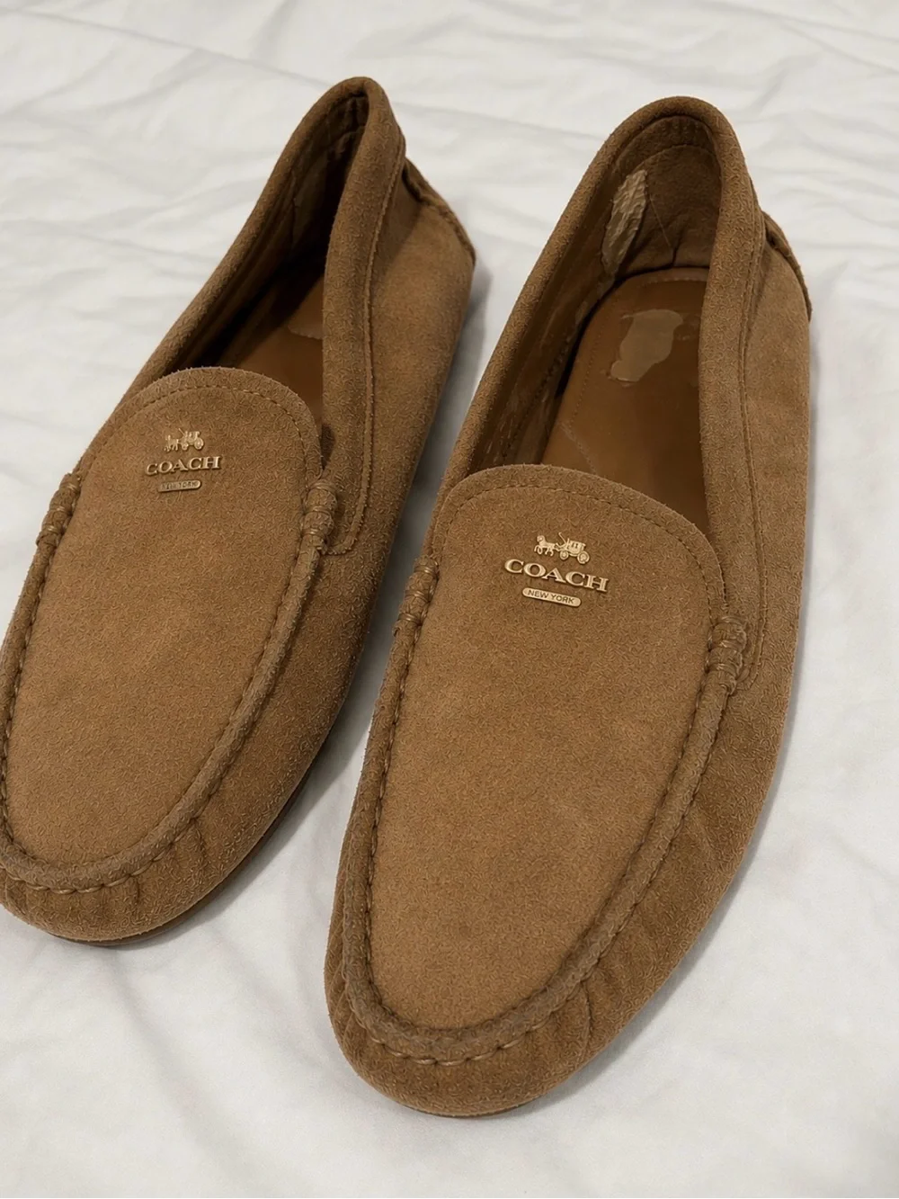Coach Women's Brown Suede Slip-On Loafers with Gold Logo, size 10